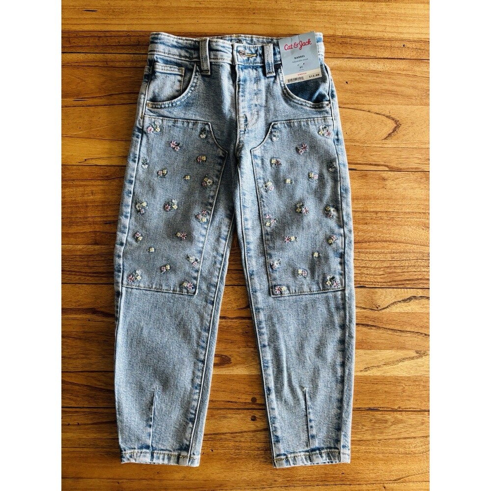 Toddler Girls' Floral Embroidered Denim Pants - Cat & Jack™ Light Wash 5T